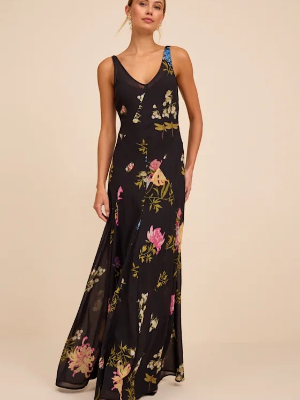 Lulu's Ziyana Black Multi Floral Sleeveless Godet Maxi Dress